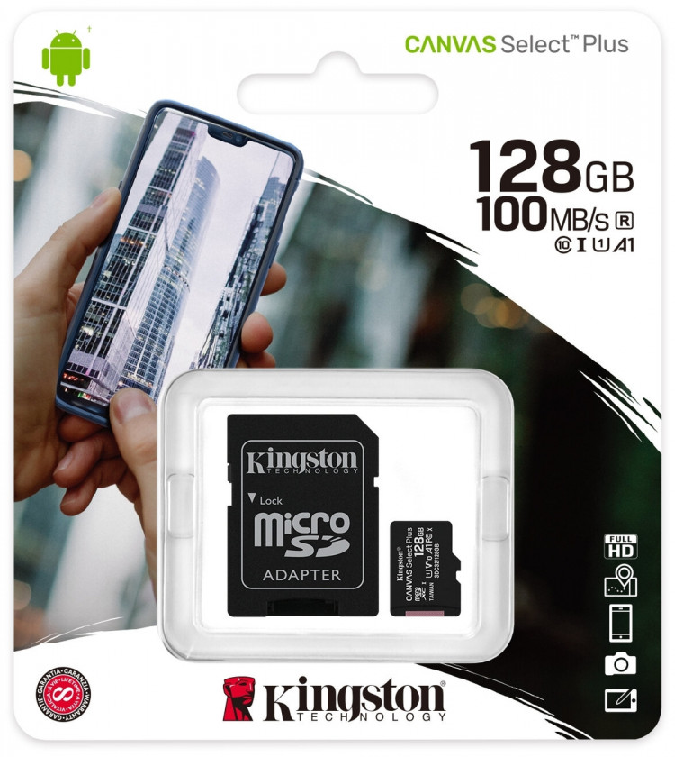 Kingston SDCS2/128GB 128 ГБ, скорость чтения 100 МБ/с, адаптер на SD