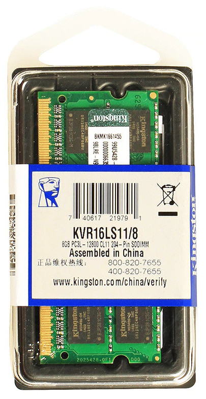 Kingston ValueRAM 8GB DDR3L 1600MHz SODIMM 204-pin CL11 KVR16LS11/8