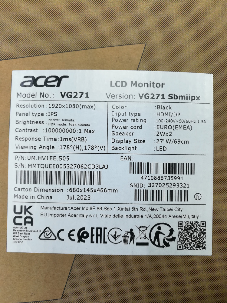 Монитор 27" Acer Nitro VG271Sbmiipx,1920x1080@165 Гц, IPS, черный