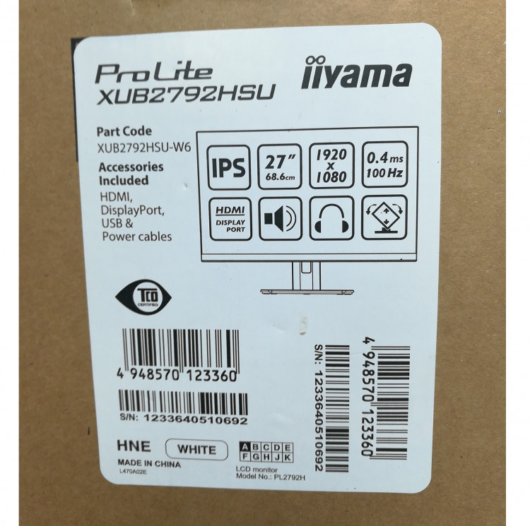 Монитор 27" Iiyama ProLite XUB2792HSU-W6, 1920x1080, IPS, 100Гц, белый