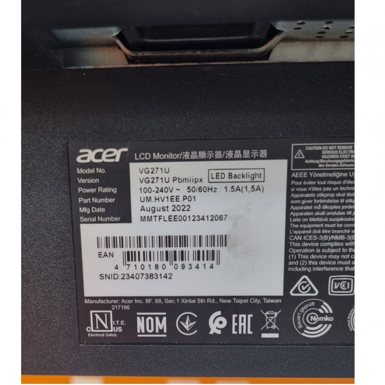 Монитор Acer Nitro VG271UPbmiipx, UM.HV1EE.P01, 27", 2560x1440, 144 Гц, IPS, черный