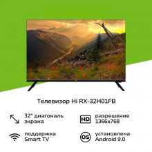 Телевизор 32" Hi RX-32H01FB,1366x768, 60 Гц, черный