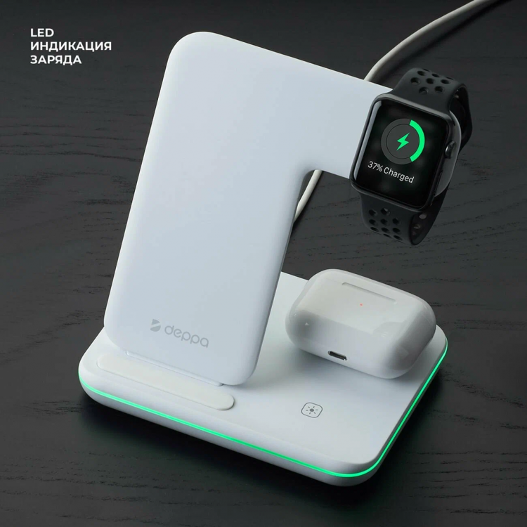 Беспроводное зарядное устройство Deppa Charging Stand Neo 3in1 (QIWCP2F)(24017), 20 Вт белое 