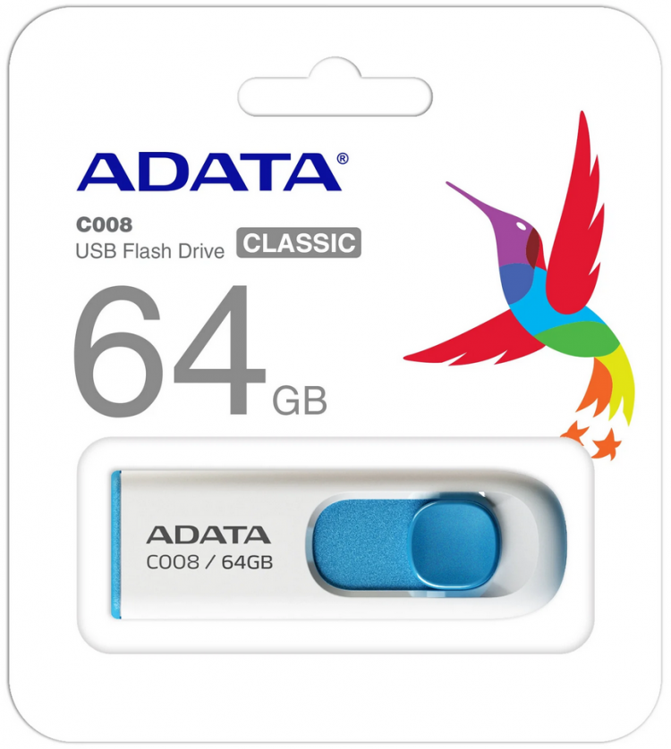Флешка ADATA C008 64 ГБ, 1 шт., белый/голубой