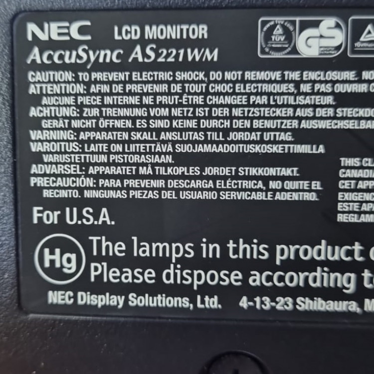 Монитор NEC AccuSync AS221WM, 22",1680x1050, 75 Гц, TN